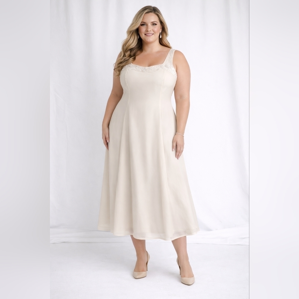 Marcelle Couture Size 20 Ivory Beaded Pearl Neckline Formal Wedding Guest Gown